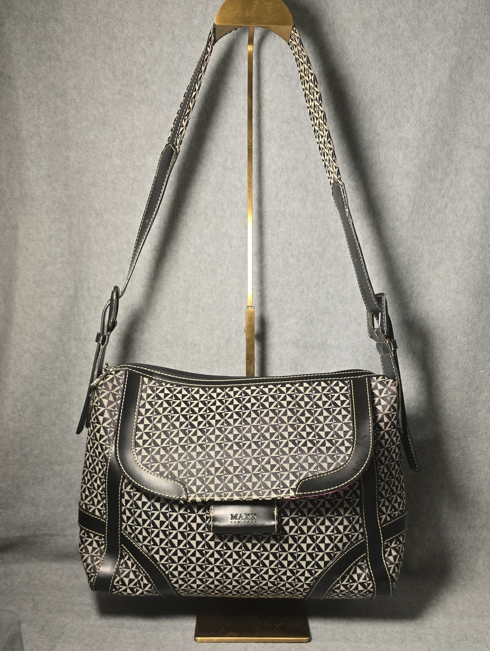 Maxx New York Black Patterned Shoulder Bag with Contrast Trim